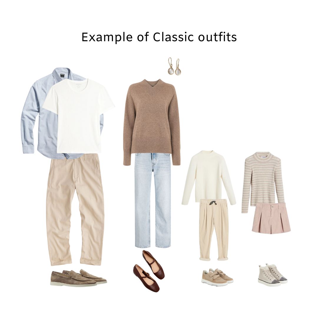 set of classic outfits for family photo session