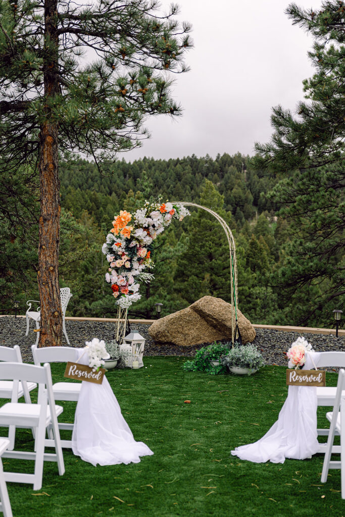 Ceremony area at the View at Madge Gulch with flower arch