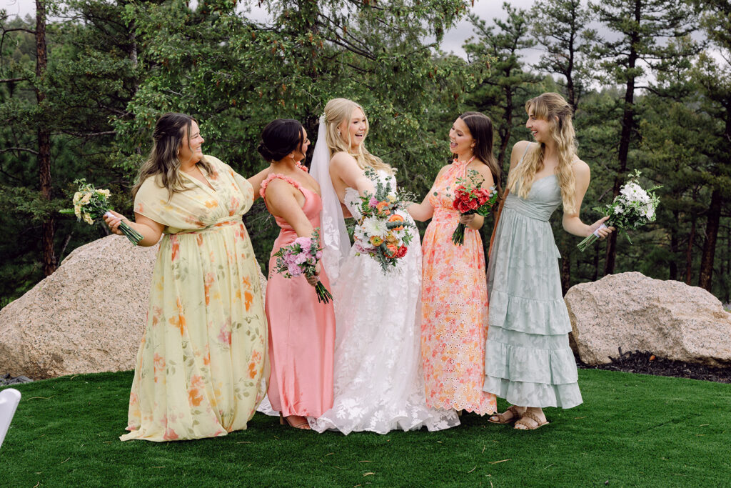 Fun group photo of the bride with her bridesmaids