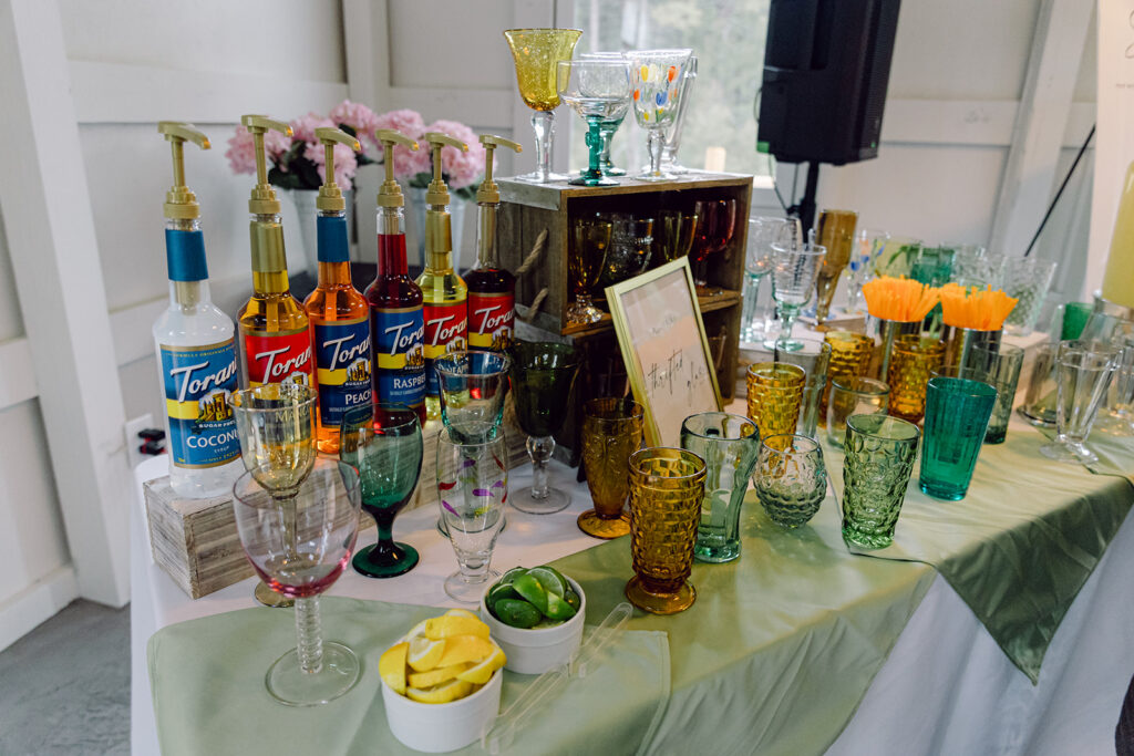 Bar area at the wedding reception inside the White Barn